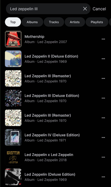 Поиск Led Zeppelin III в мобильном приложении Звук